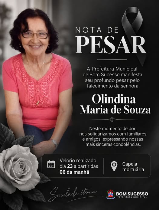Nota de pesar pelo falecimento de Olindina Maria de Souza – Prefeitura Municipal de Bom Sucesso – PR