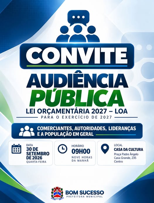 Convite para a Audiência Pública da LOA 2027 – Prefeitura Municipal de Bom Sucesso – PR