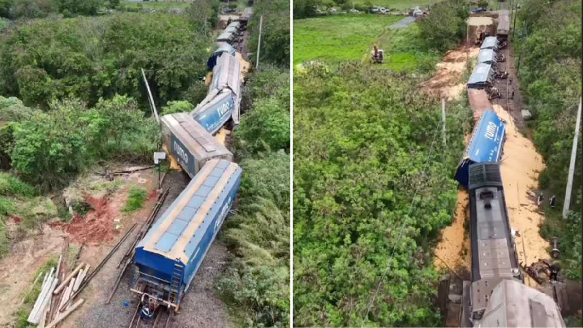Trem de carga carregados com grãos descarrila, deixando vários vagões tombados