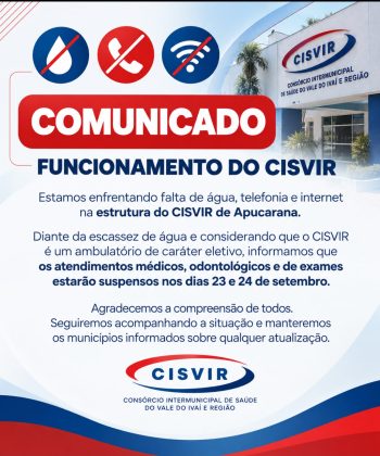 CISVIR suspende atendimentos nos dias 23 e 24 de setembro devido à falta de água, telefonia e internet
