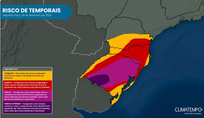 Sul tem tempestades nesta segunda e Paraná já registra granizo; veja as áreas em alerta