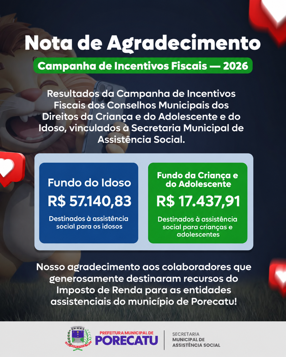 Nota de Agradecimento – Campanha de Incentivos Fiscais 2026 – PREFEITURA MUNICIPAL DE PORECATU